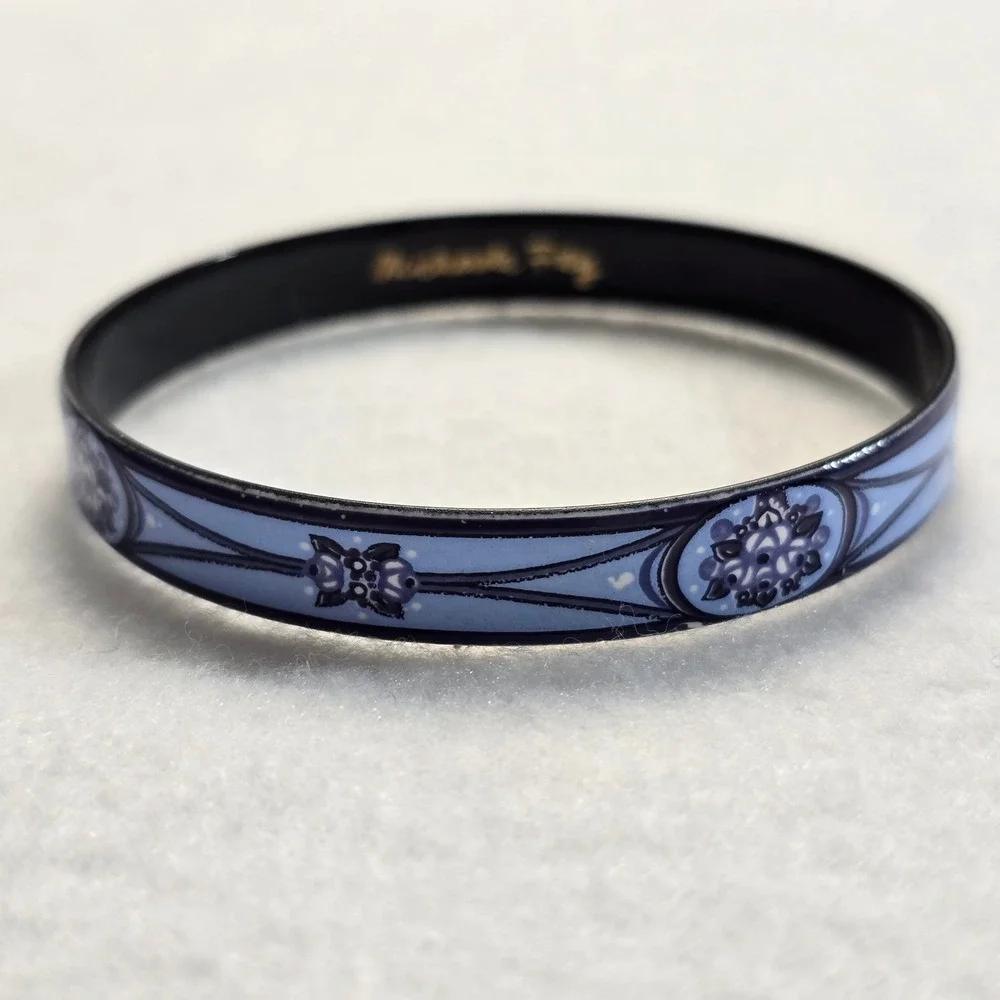 Michaela Frey Vintage Blue Floral Enamel Bangle Bracelet Austria 7.5 Inch